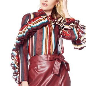 NWT Gracia Ruffle linen sheer button up blouse SML